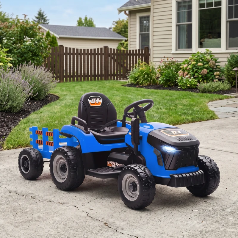 AIYAPLAY Trator Elétrico para Crianças com Reboque Desmontável Bateria 12V Velocidade 3-5 km/h Controle Remoto 2,4G 139x58x55 cm Azul