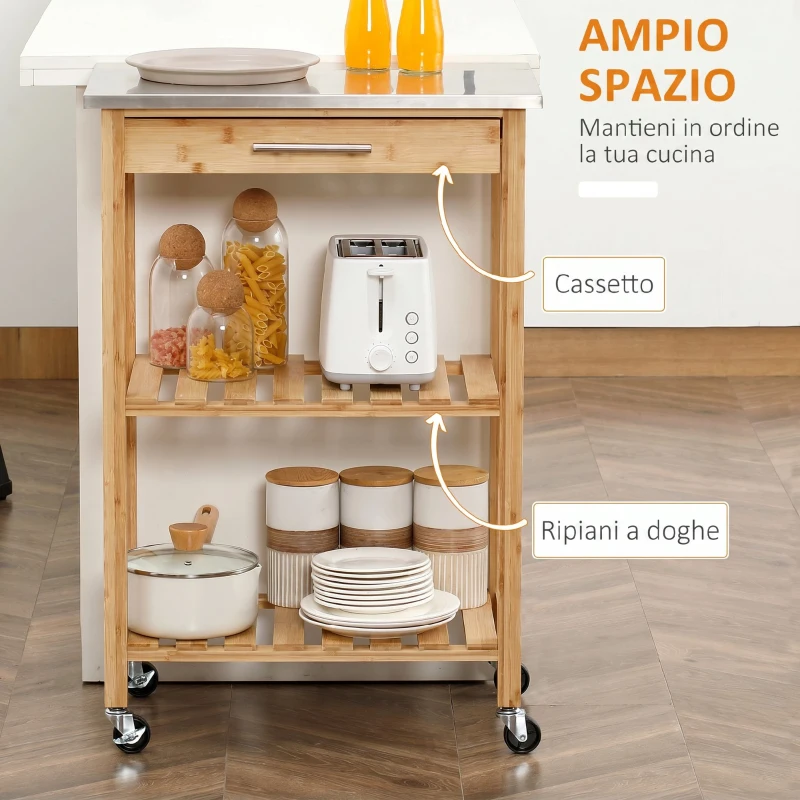 HOMCOM Carrello da Cucina in Bambù con Piano in Acciaio Inox, Cassetto e Mensole a Doghe, Legno