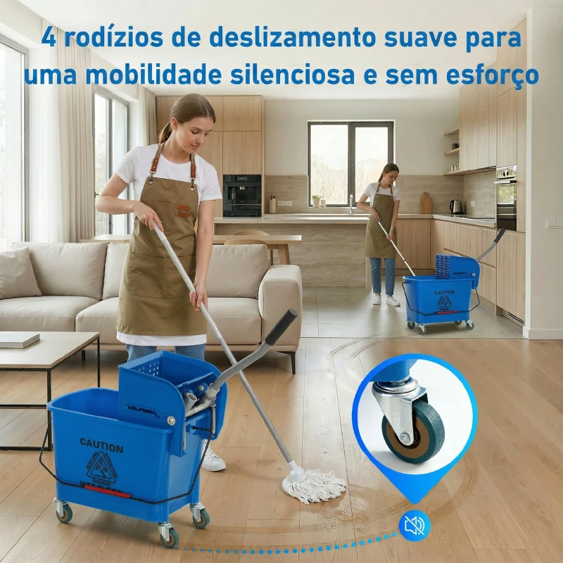 HOMCOM Balde de Limpeza com Escorredor, Painel Separador e Rodas Capacidade de 20L para Limpeza Doméstica 45x26,5x70 cm Azul