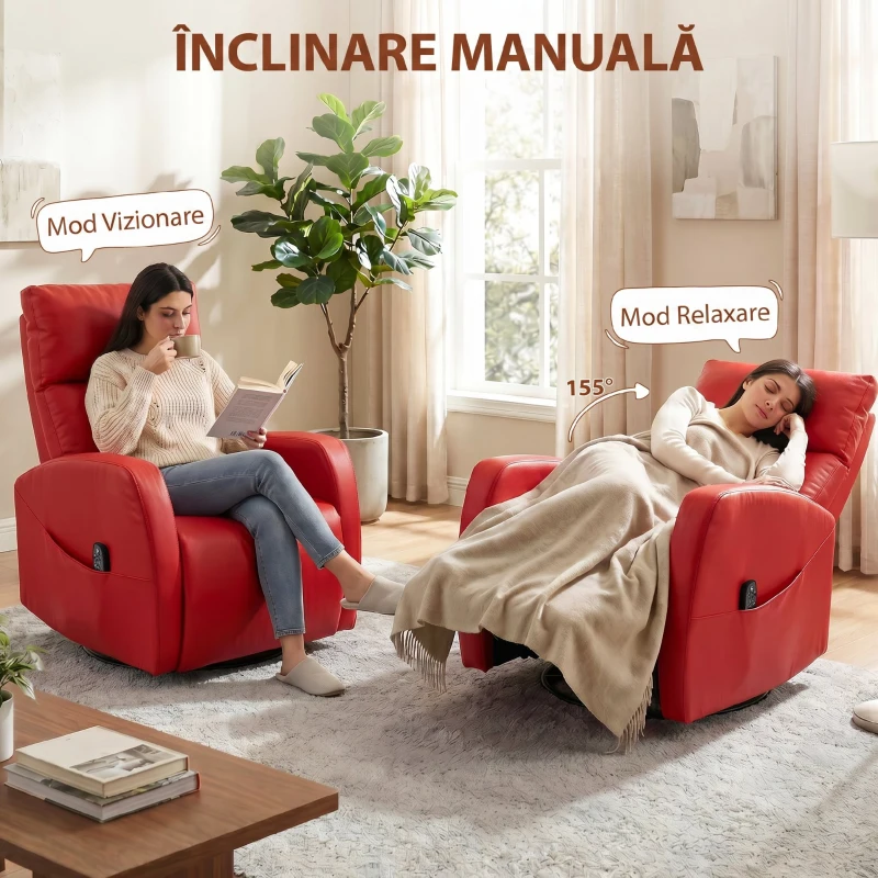 HOMCOM Fotoliu Masaj Reclinabil Cu Încălzire, Gireabil Din Piele PU Cu Suport Pentru Picioare și Telecomandă, Roșu