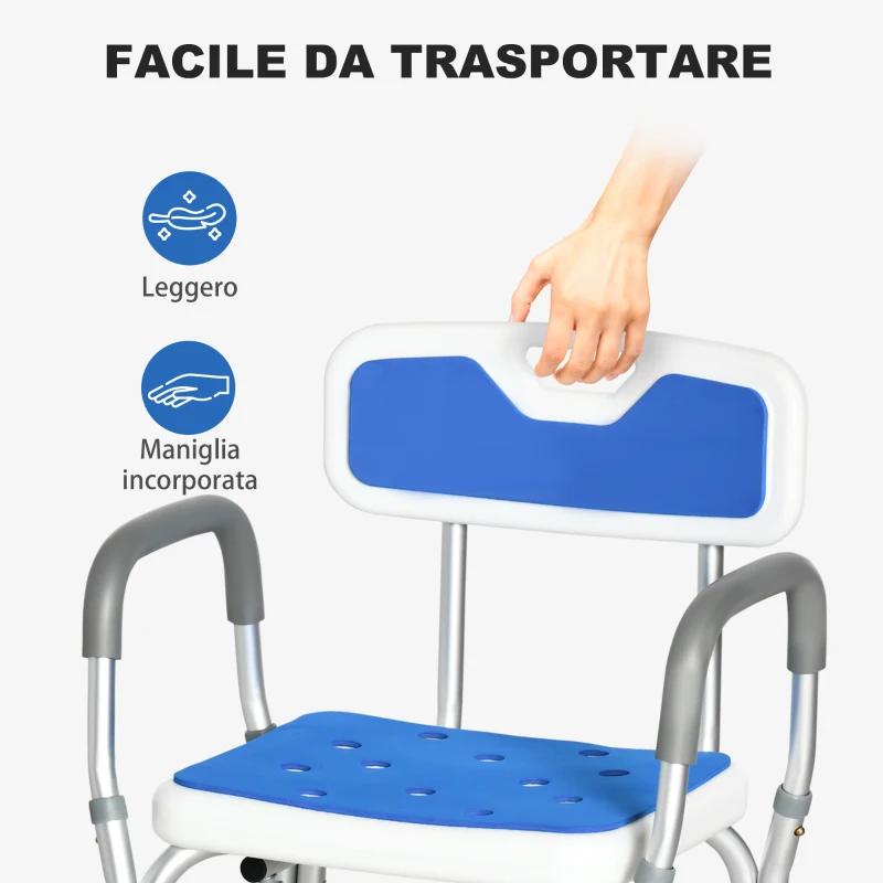 HOMCOM Sedia per Doccia con Imbottitura e Altezza Regolabile, Braccioli e Piedini a Ventosa