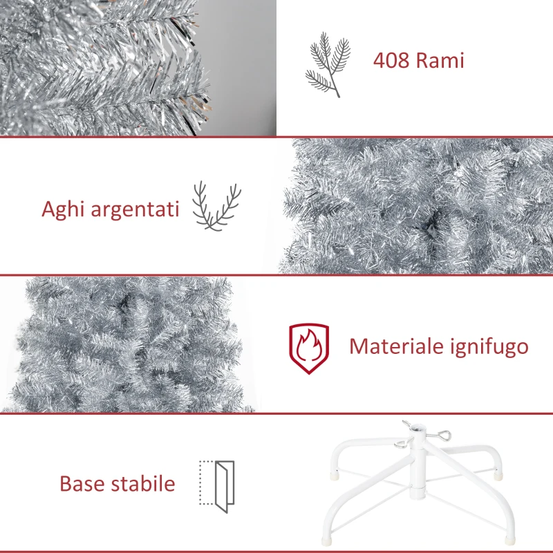 HOMCOM Albero di Natale Artificiale Innevato Alto 210cm con 818 Rami, Albero di Natale Slim con Base Rimovibile, in PET e Acciaio, Argento