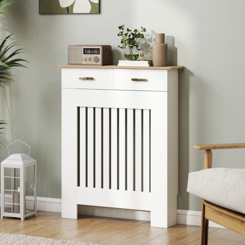 HOMCOM Cache-radiateur avec tiroir de rangement, meuble cache-radiateur en bois à lattes verticales, 78 x 19 x 97 cm, blanc