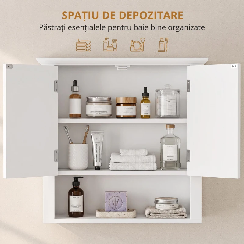 HOMCOM Dulapior 2 Rafturi de Montat pe Perete de Perete Bucatarie Baie Lemn 60x19,8x58cm Alb