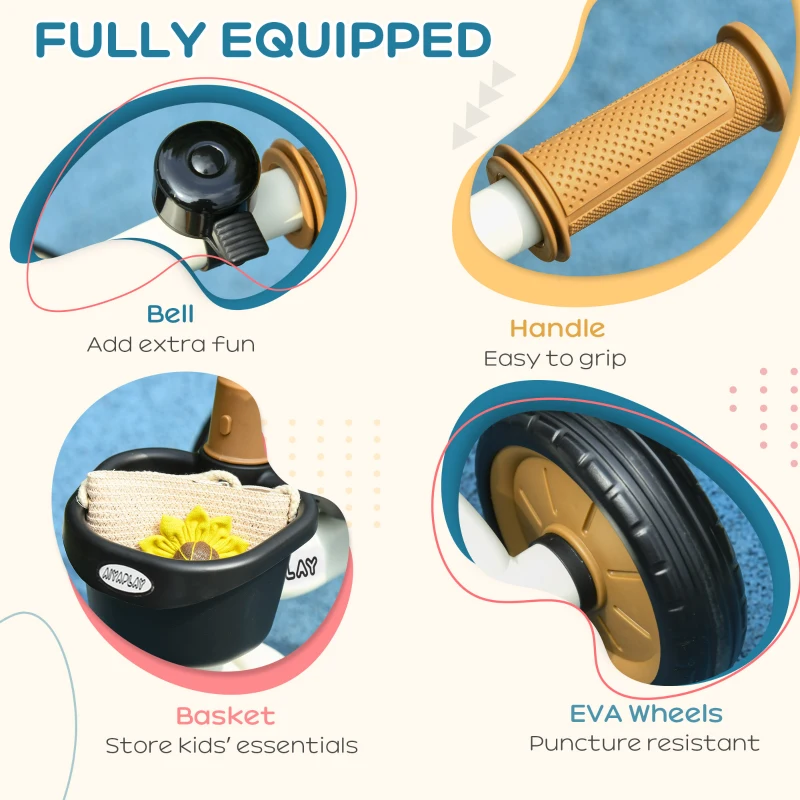 AIYAPLAY Kids Trike, Tricycle, with Adjustable Seat, Basket, Bell, for Ages 2-5 Years - White