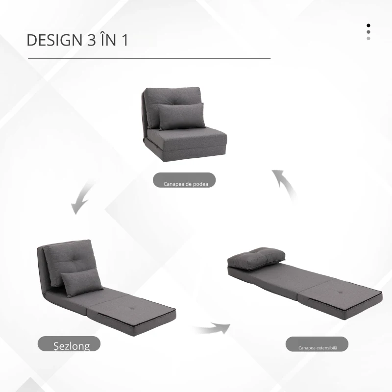 HOMCOM Fotoliu de podea cu pat pliabil, design 2 în 1, pernă detașabilă, 60 x 80 x 56 cm, Gri închis