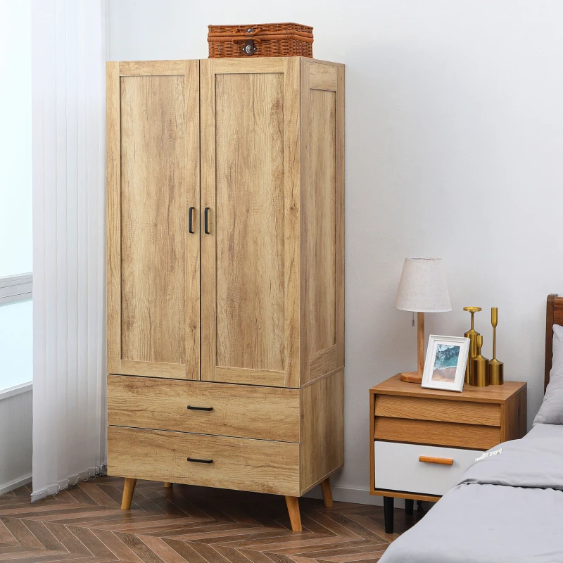 HOMCOM Armadio 2 Ante a Battente con 2 Cassetti e Asta Appendiabiti, 80x54x180 cm, Legno