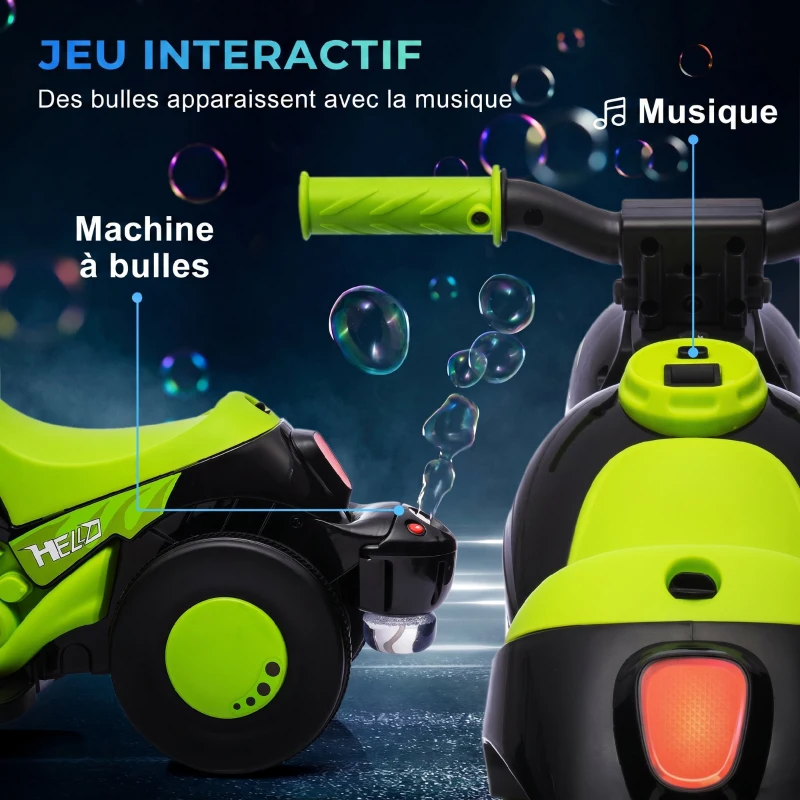 AIYAPLAY Moto électrique enfants 2-5 ans, 3 roues, 6 V, 3 km/h, avec fonction de bulles, effets lumineux et sonores, vert