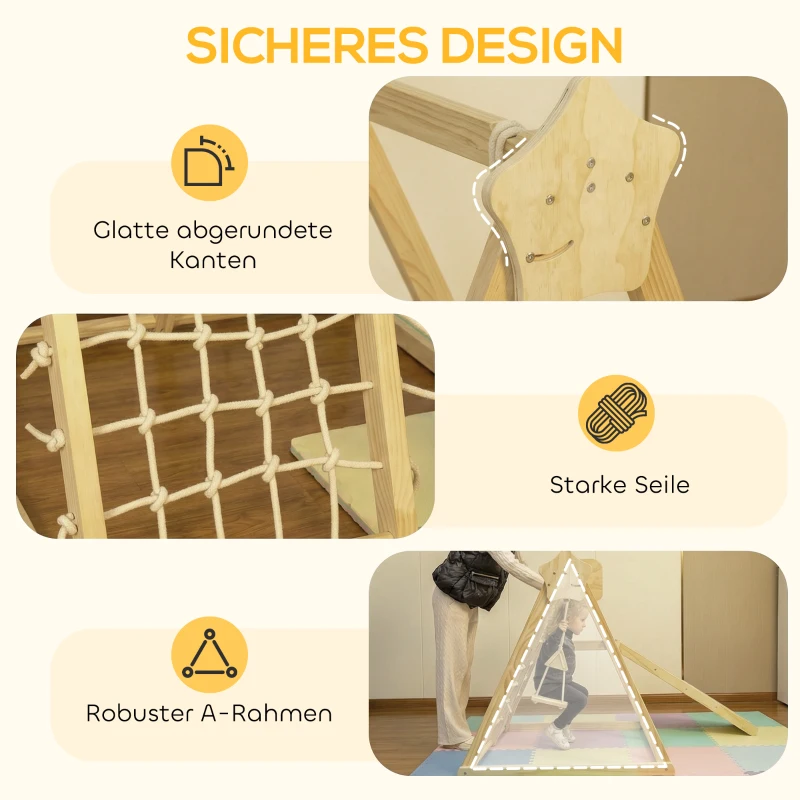 AIYAPLAY 5-in-1 Indoor-Klettergerüst mit Rutsche, Schaukel, Kletternetz, Basketballkorb, klappbar, 3-6 Jahre, Naturholz