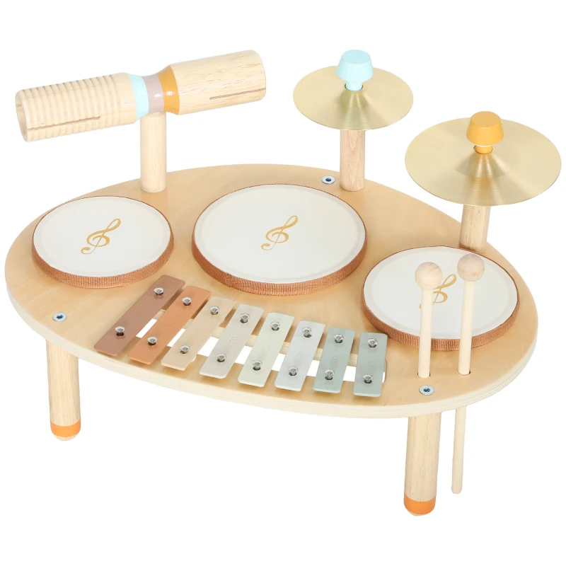 AIYAPLAY Set de Instrumente Muzicale pentru Copii de la 2+ Ani cu Tobe și Xilofon, Culoare Naturală