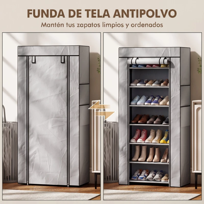 HOMCOM Zapatero de 7 Niveles, Zapatero Estrecho de Acero con Funda de Tela no Tejida 2 Bolsillos para 14-21 Pares Gris