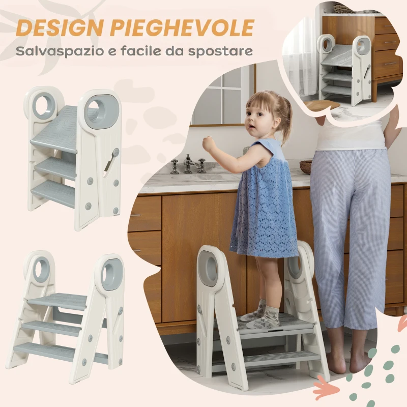 AIYAPLAY Torre Montessoriana Bambini Pieghevole a 3 Gradini Regolabili con Maniglia e Superficie Antiscivolo, Grigio