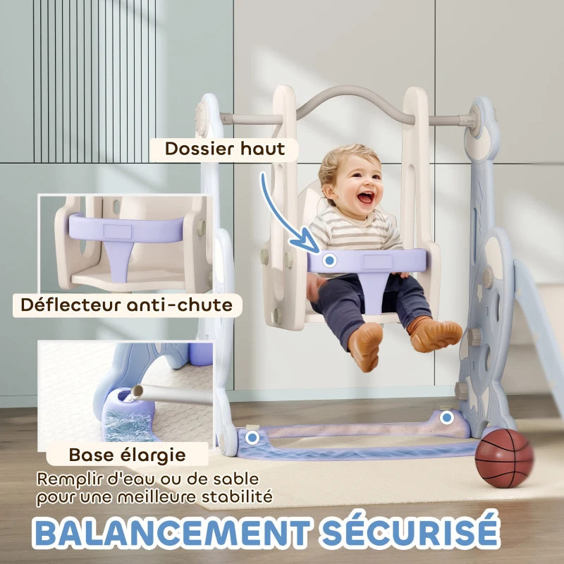 AIYAPLAY Toboggan et balançoire pour enfants 4 en 1 avec panier de basket et échelle, 147,5 x 160 x 107 cm, bleu clair