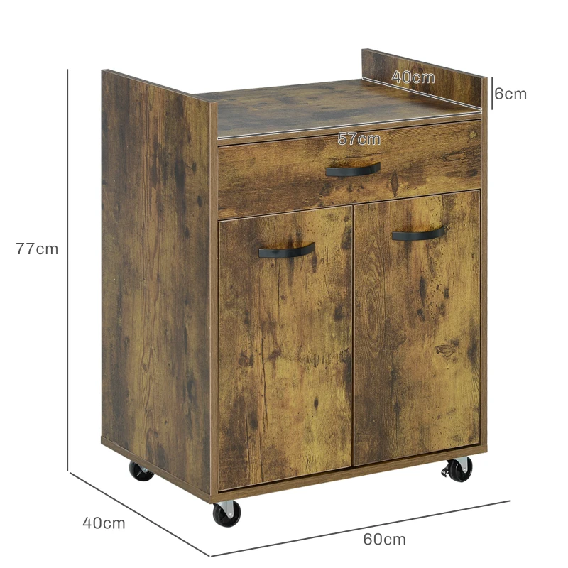 HOMCOM Cărucior de Bucătărie cu Sertar, Dulap și 4 Roți din Lemn, 60x40x77 cm, Maro Rustic(m-3)