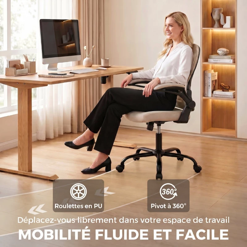 HOMCOM Chaise Bureau Ergonomique, Fauteuil de Bureau Maille, Accoudoirs Relevables, Hauteur Réglable, Fonction Bascule, Beige