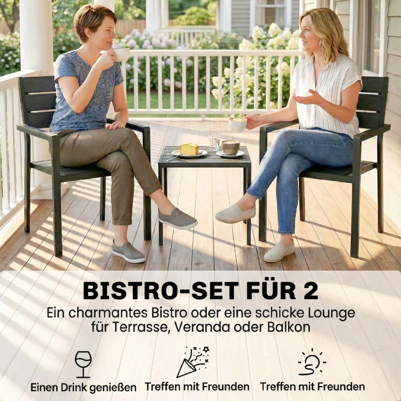 Outsunny 3-teiliges Garten Bistro Set Bistrotisch mit 2 Stühlen Lamellendesign Holzoptik HDPE-Tischplatte Rostbeständig