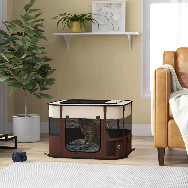 PawHut Box per Animali con 6 Finestre, 3 Porte e 2 Borse Portaoggetti, Poliestere e Acciaio, 74x60x45 cm, Marrone