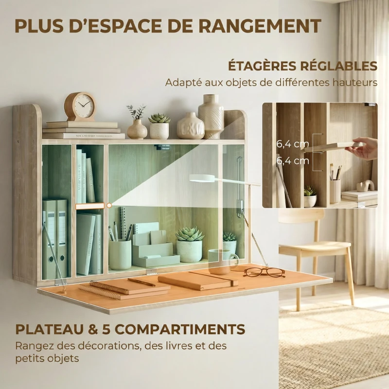 HOMCOM Bureau suspendu table murale table d'ordinateur murale et tablette rabattable avec rangements - 77 x 20 x 51 cm