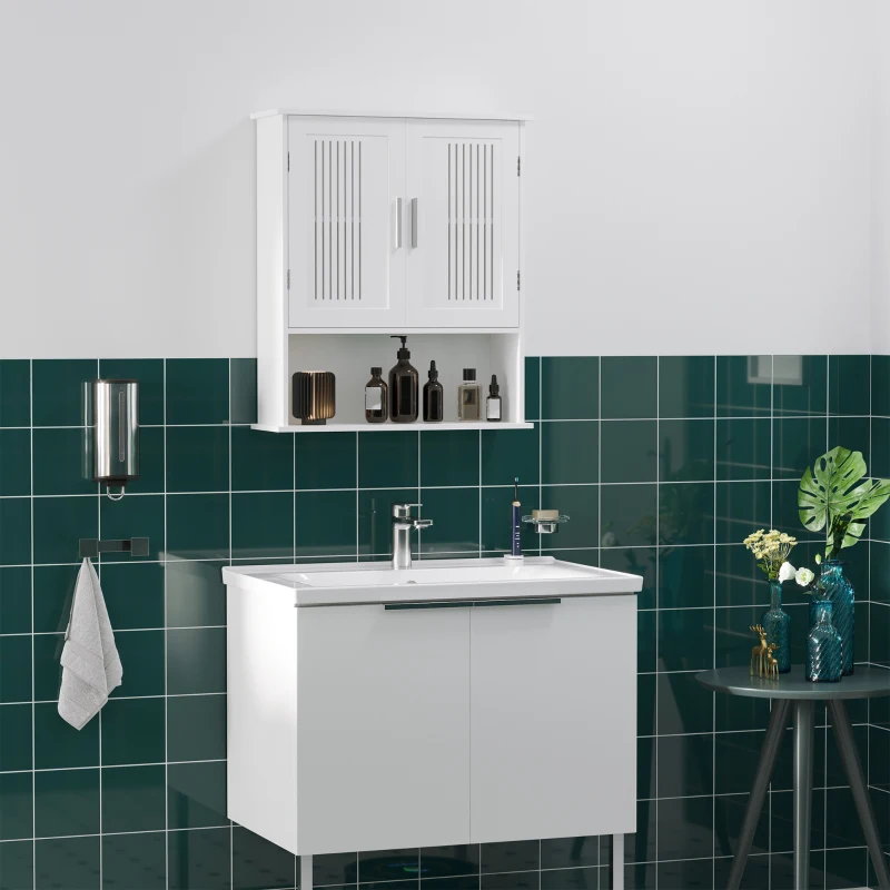 kleankin Armário de Parede Casa de Banho com Armazenamento 2 Portas em Ripas Prateleira Ajustável e Compartimento 60x20x70 cm Branco