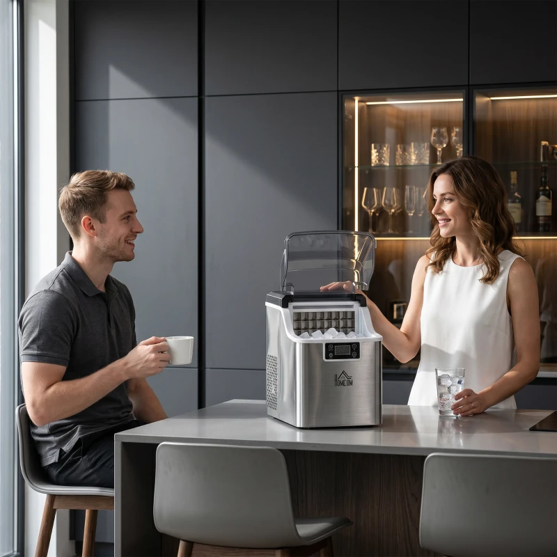HOMCOM Macchina del Ghiaccio Autopulente da 24 Cubetti ogni 14-18 Minuti con Display LCD, in Acciaio Inox, 25.2x36x37.1 cm