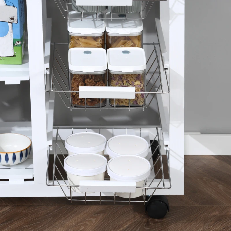 HOMCOM Carrello da Cucina con Ruote, Mobile da Cucina Salvaspazio in Legno Massiccio: 3 Cassetti, 3 Cestelli, 2 Portaspezie, 2 Ripiani, 92x37x82 cm