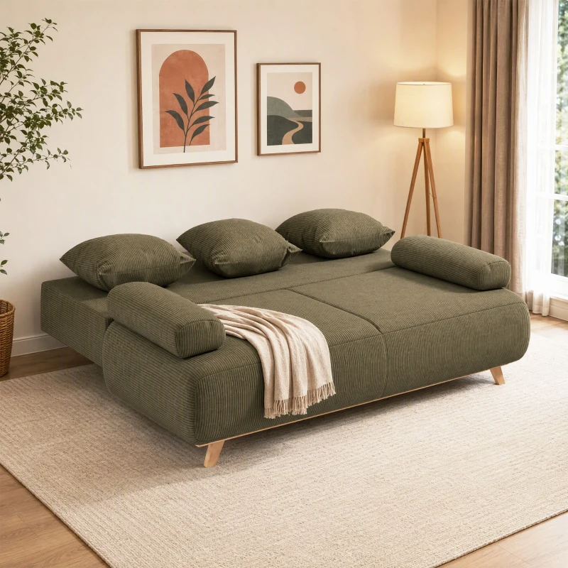 HOMCOM Schlafsofa mit verstellbarer Rückenlehne, Bettfunktion, verstecktem Stauraum und Cordbezug, Dunkelgrün