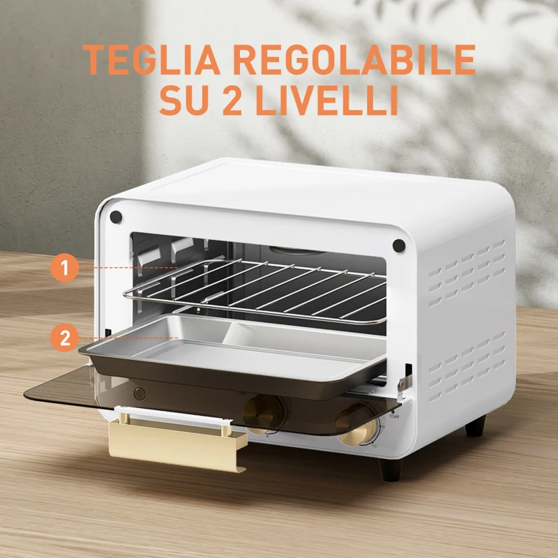 HOMCOM Fornetto Elettrico 12L con Timer e Temperatura Regolabile, in Acciaio e Plastica, 31.5x27.7x22.7 cm, Bianco e Oro