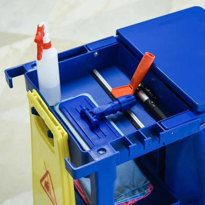 HOMCOM Janitor Cleaning Trolley, with Bin, Shelves and Hooks - Blue