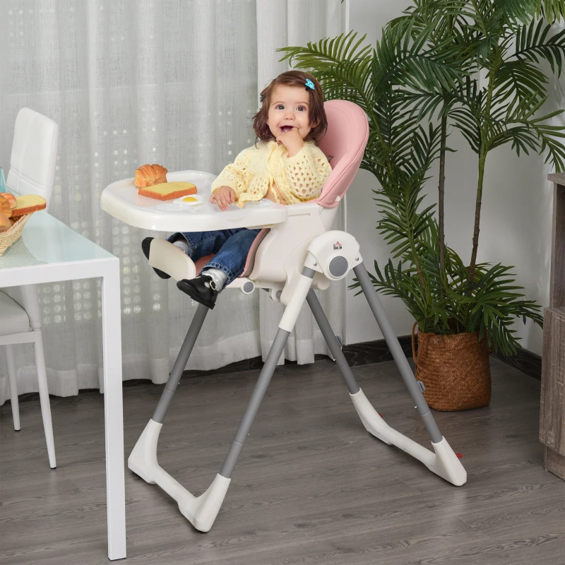 HOMCOM Foldable Baby High Chair Convertible Feeding Chair Height Adjustable with Adjustable Backrest Footrest and Removable Tray 5 Point Safety Harness for Kids 6 - 36 Months Pink