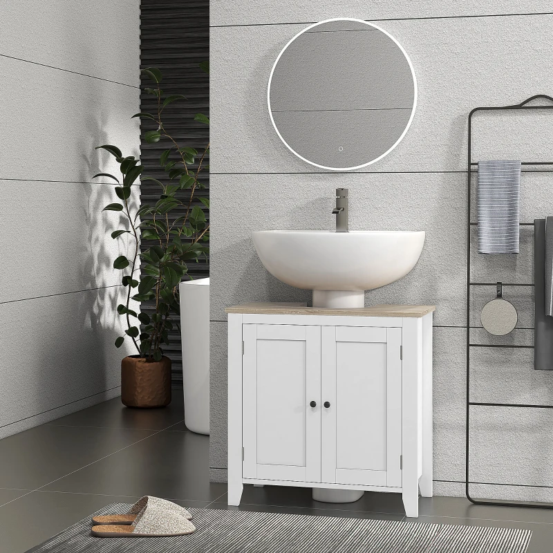 kleankin Mobile Sottolavabo Bagno a U con Ripiano Regolabile Interno, in MDF, 60x30x60 cm, Bianco e color Legno