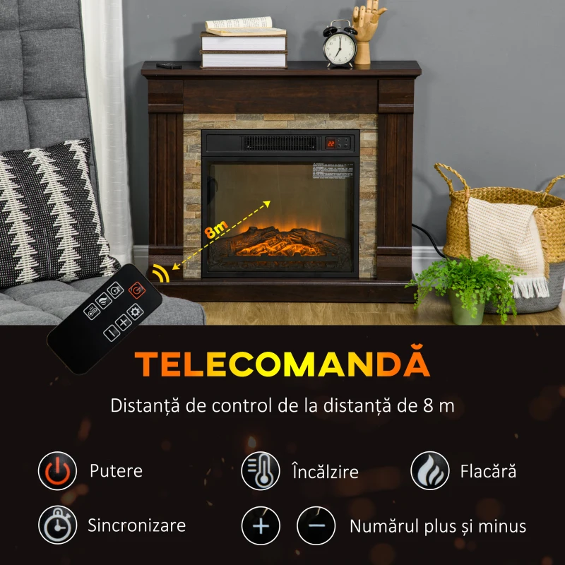HOMCOM Șemineu Electric de Podea cu Temporizator, Flacără și Temperatură Reglabilă, 80x21,6x67,8 cm, Maro