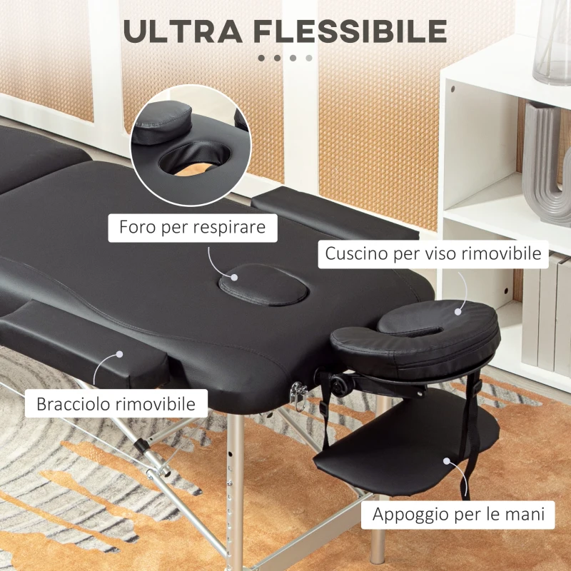 HOMCOM Lettino da Massaggio Pieghevole ad Altezza Regolabile, in Alluminio e Plastica, 215x81x61-84 cm, Nero