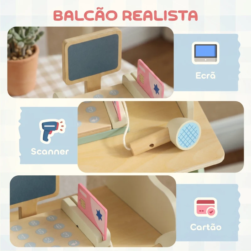AIYAPLAY Supermercado de Brincar em Madeira com Caixa Registadora, Scanner, Cartão, Quadro, Caixas, Toldo e Acessórios, Verde