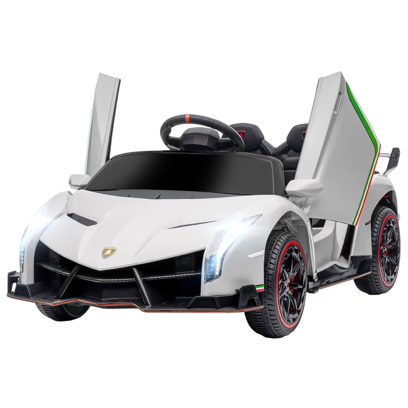 HOMCOM Carro Elétrico Lamborghini 12V Velocidade Máxima 7 km/h com Controlo Remoto MP3 Luzes e Cinto de Segurança 111x61x45 cm Branco