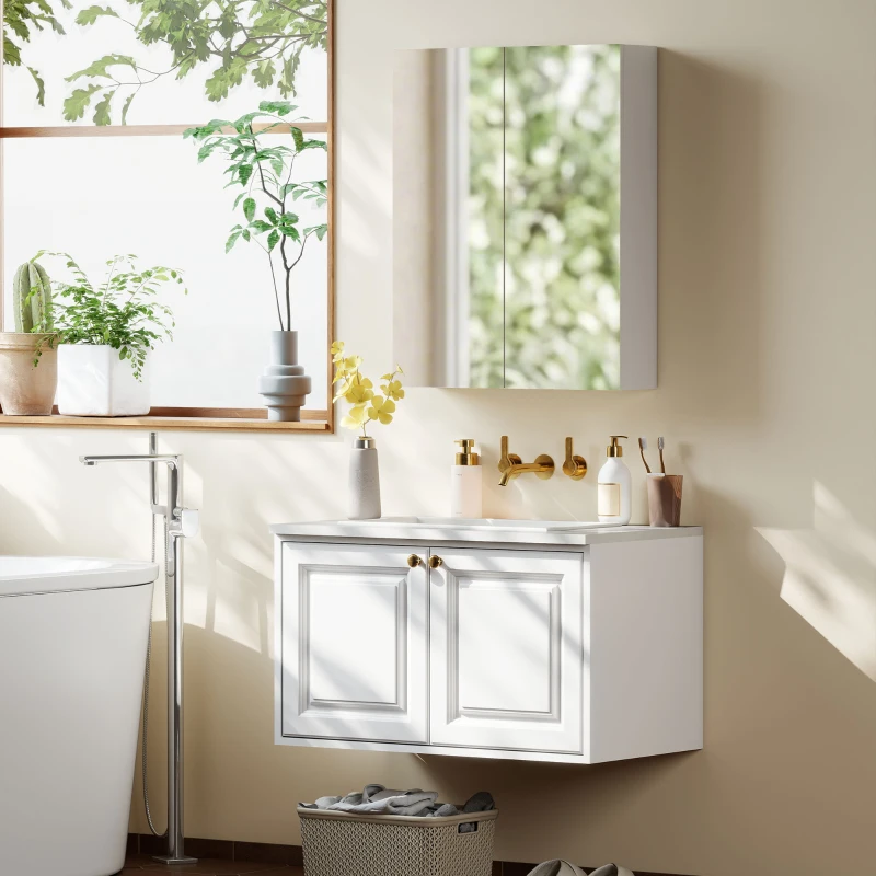 HOMCOM Wall Mounted Bathroom Mirror Storage Cabinet w/ Door Adjustable Shelf, White