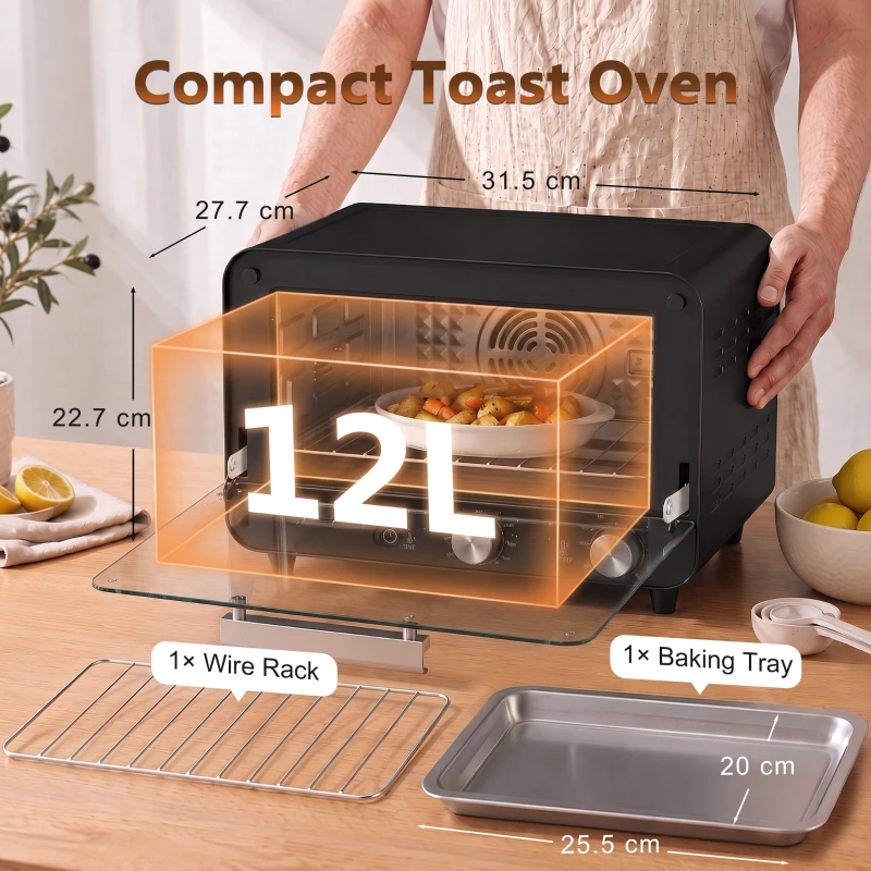HOMCOM Small Toaster Oven, 12L Multifunction Mini Countertop Oven with Glass Door, Adjustable Temperature and Timer, Black