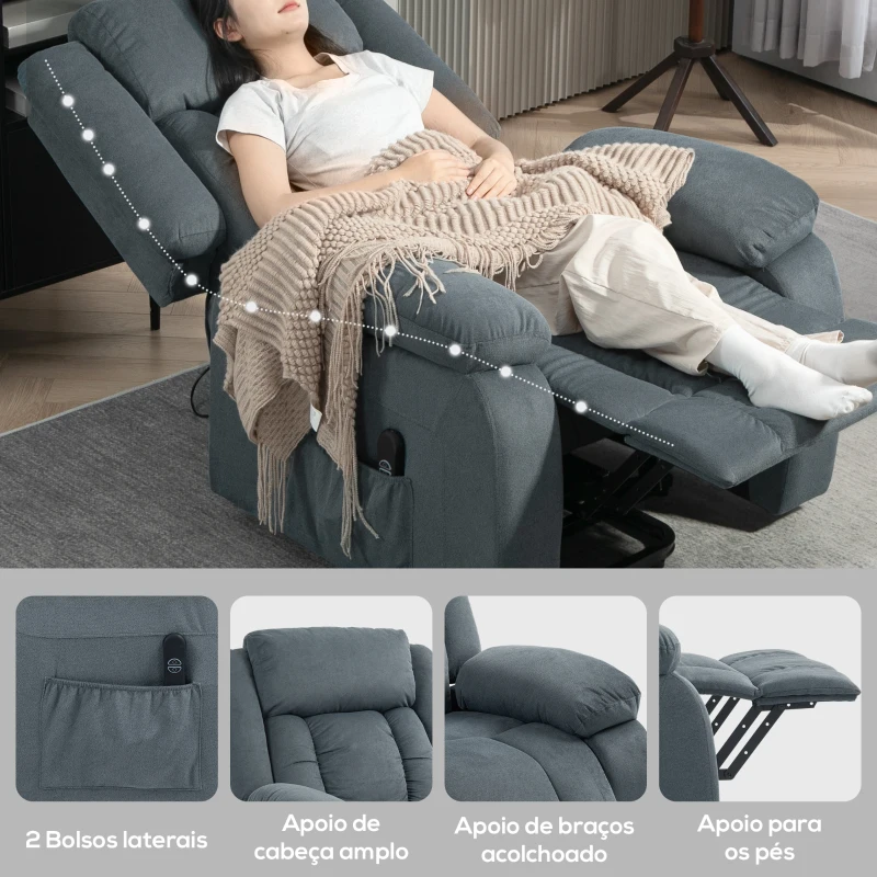 HOMCOM Poltrona Relax Reclinável Elétrica Poltrona Levanta Pessoas com Controlo Remoto Apoio para os Pés e Bolsos Laterais 92x94x105 cm Cinza