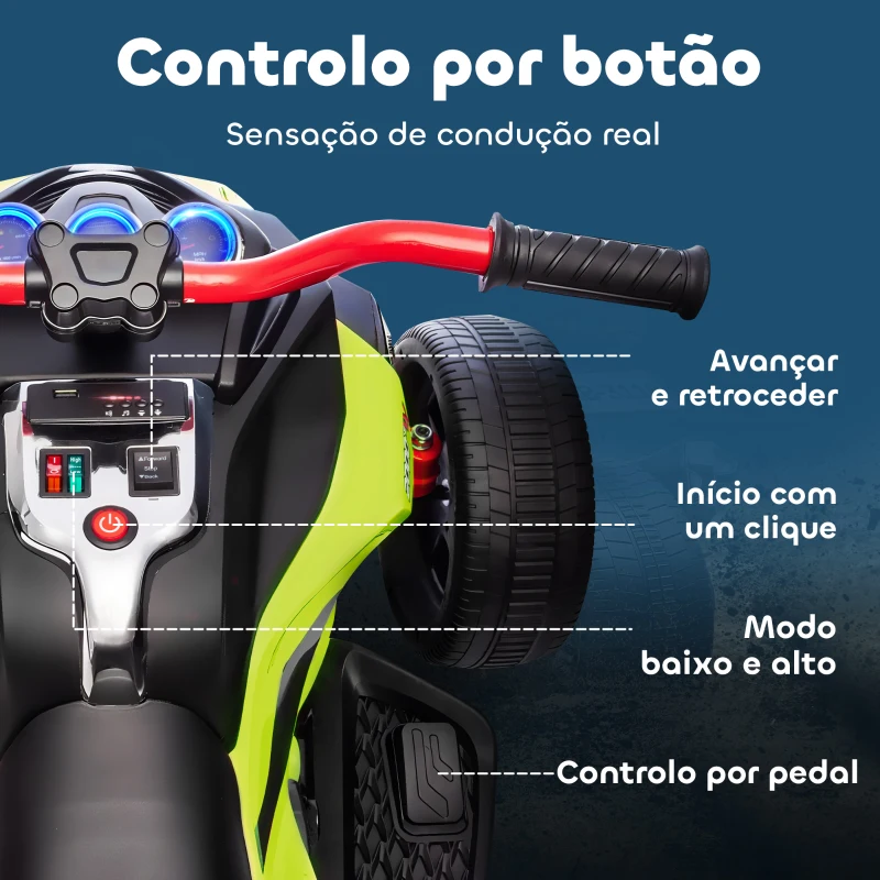 AIYAPLAY Quadricilo Elétrico para Crianças 12V com 2 Motores Velocidade até 5 km/h 3 Rodas Faróis Buzina Música 113x74x63 cm Verde