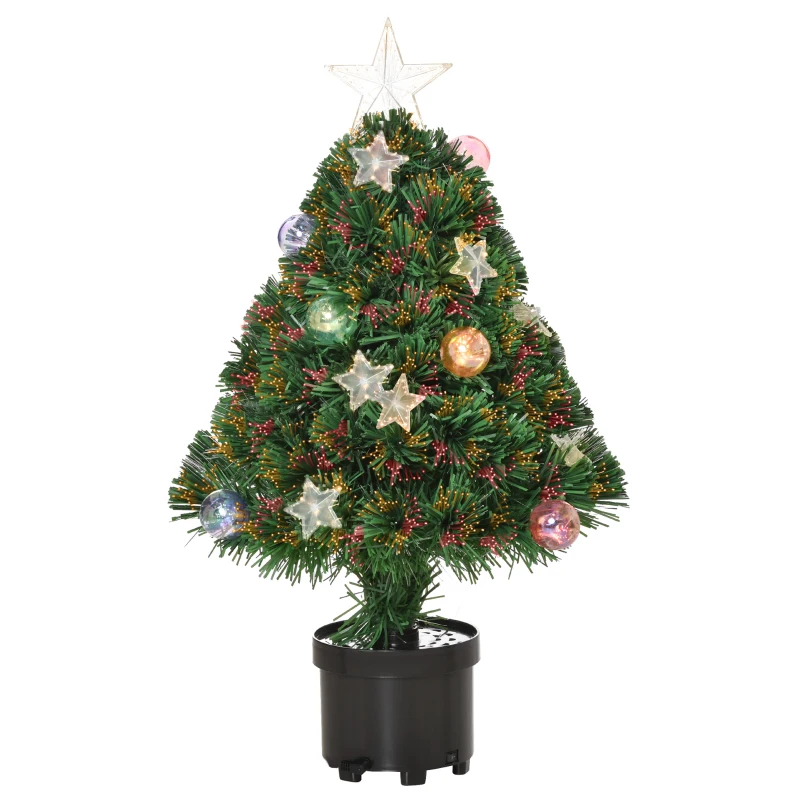 HOMCOM 2FT Pre-lit Artificial Christmas Tree Tabletop Multicoloured Fibre Optic Xmas Decoration w/ LED Lights Pot Table Desk - Green