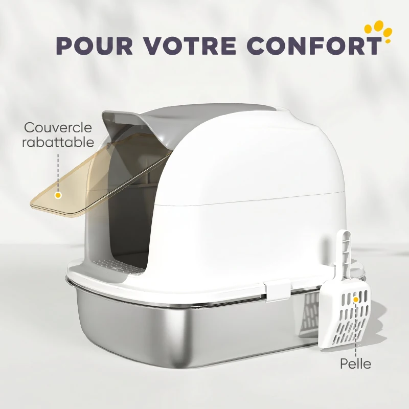 PawHut Bac à Litière pour Chat en Acier Inoxydable Caisse Litière Fermée pour Chats Couvercle Contrôle des Odeurs XL Blanc