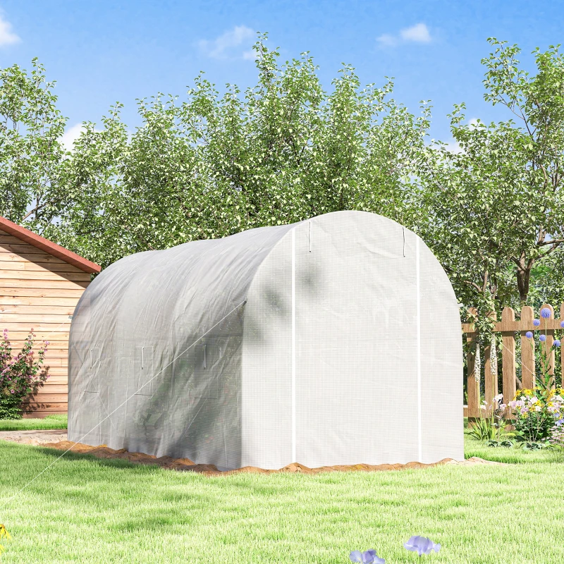 Outsunny Serre tunnel de jardin 7m², serre de jardin tunnel avec porte et 6 fenêtres, bâche PE 140 g/m² 350 x 200 x 200 cm blanc