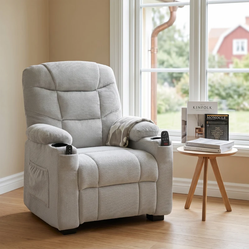 HOMCOM Poltrona Relax Elétrica Reclinável com Calor Lombar, Massagem Vibratória, Motor Silencioso, Função Memória, USB - Cinzento