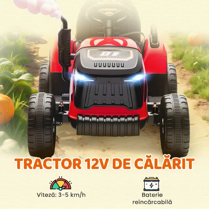 AIYAPLAY 2 în 1 Tractor Electric pentru Copii 3-8 Ani cu Remorcă Detașabilă, Telecomandă, Muzică, Lumini, Roșu