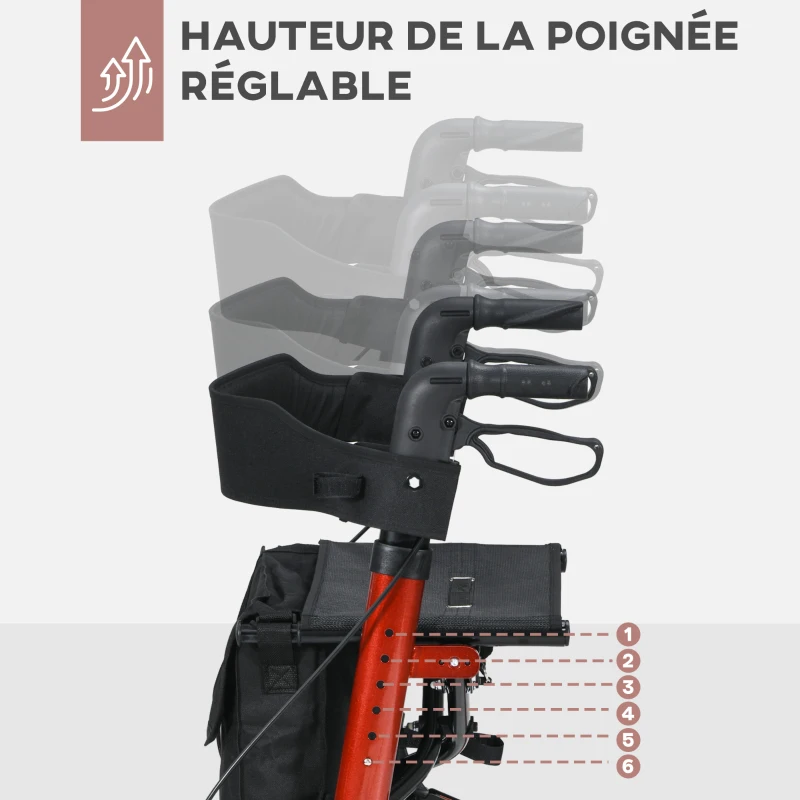 HOMCOM Déambulateur 4 Roues Pliable en Aluminium, Hauteur Réglable 6 Positions, Freins Doubles, Rangement, 64x67x92cm, Rouge