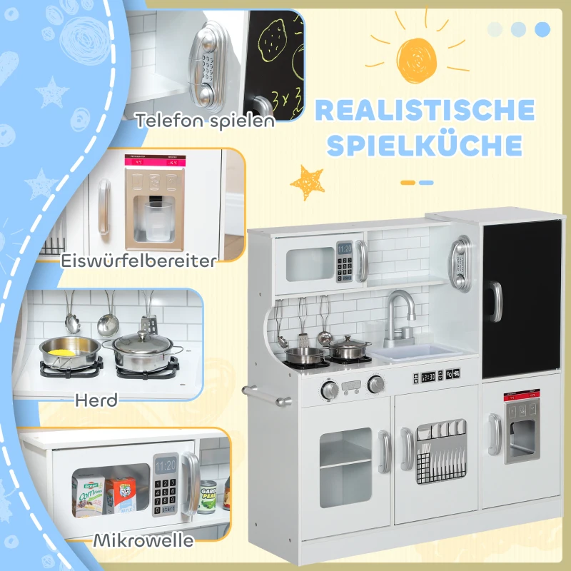 AIYAPLAY Kinderkeuken - Speelkeuken met Telefoon, Krijtbord, Magnetron, Fornuis, Spoelbak, Accessoires, IJsblokjesmachine, 3-8 Jaar, Wit