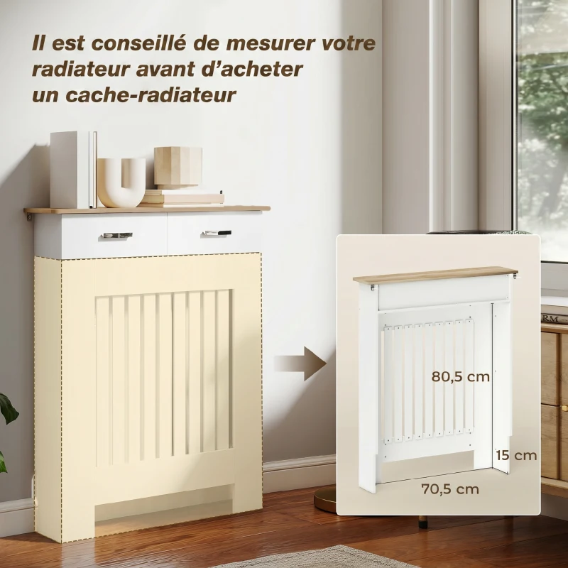 HOMCOM Cache-radiateur avec tiroir de rangement, meuble cache-radiateur en bois à lattes verticales, 78 x 19 x 97 cm, blanc