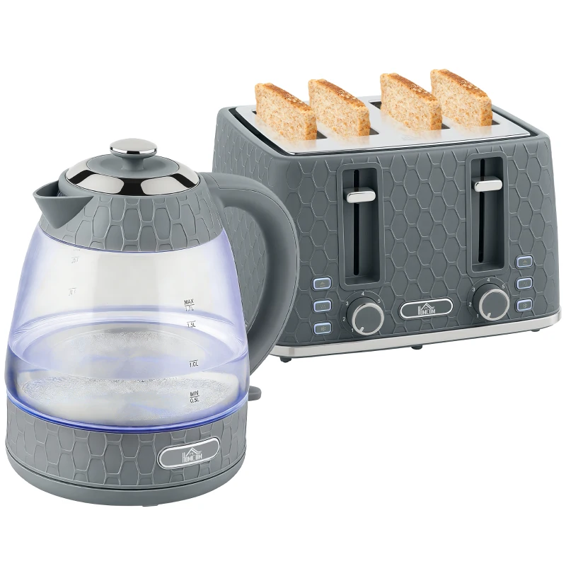 HOMCOM Kettle and Toaster Set, 1.7L 3000W Rapid Kettle with Strix Thermostat, 4 Slice Toaster with 7 Browning Controls, Grey