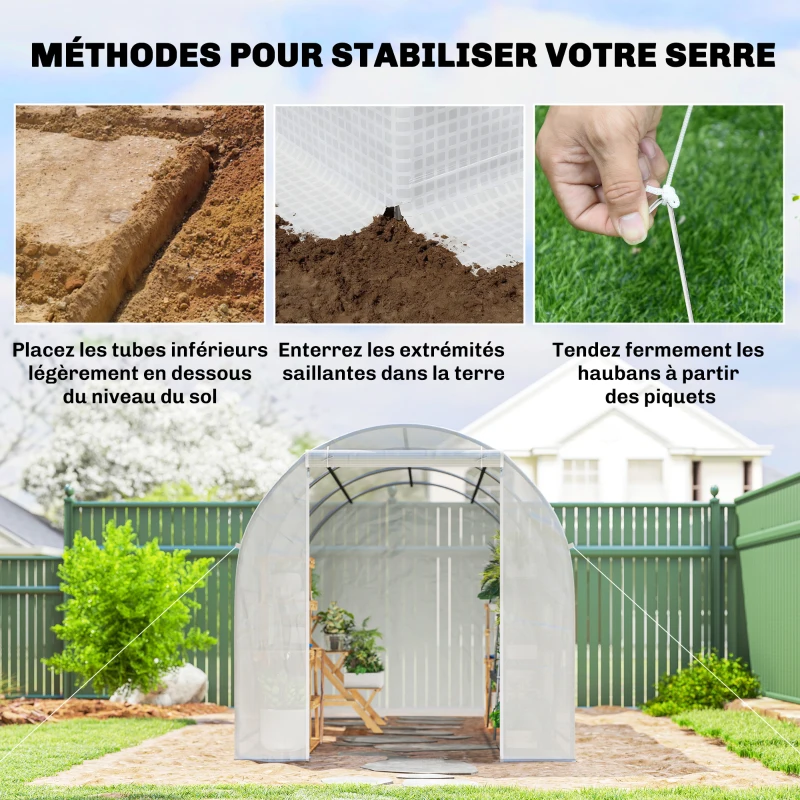Outsunny Serre tunnel de jardin 7m², serre de jardin tunnel avec porte et 6 fenêtres, bâche PE 140 g/m² 350 x 200 x 200 cm blanc