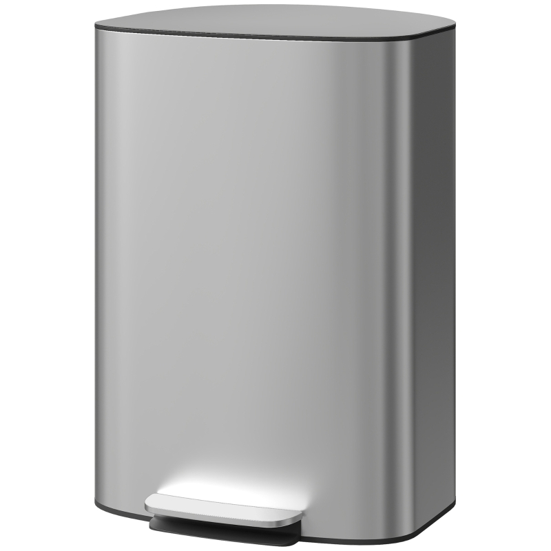 HOMCOM Pattumiera a Pedale da 50L con Coperchio Ammortizzato, Apertura a 90° e Secchio Rimovibile, Acciaio Inox, Grigio