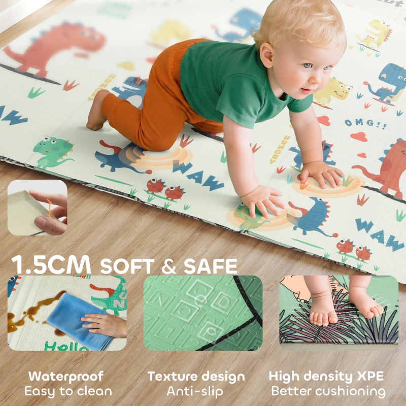 AIYAPLAY Baby Play Mat, Double Sideded Foldable Kids Crawling Mat, Reversible & Waterproof, Dinosaur